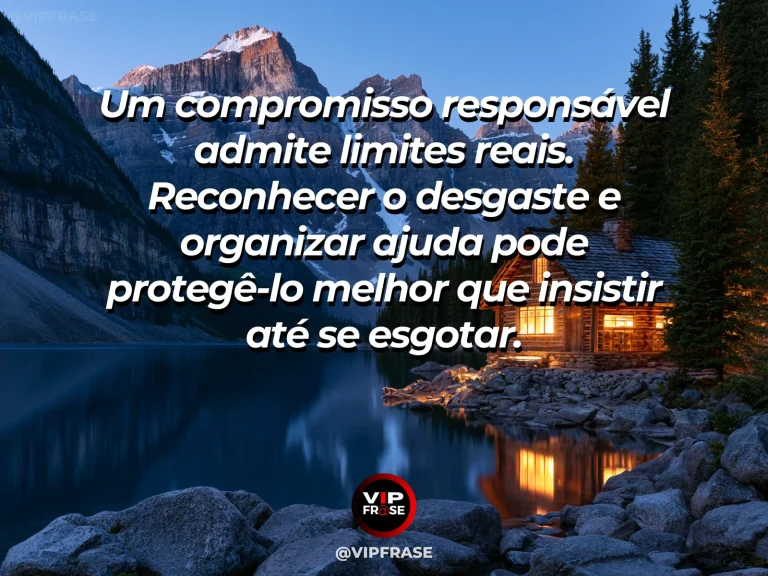Frase de força sobre cansar não é abandonar o compromisso, ilustrada por uma casa de pedra firme com amplo terraço e vista de vale.
