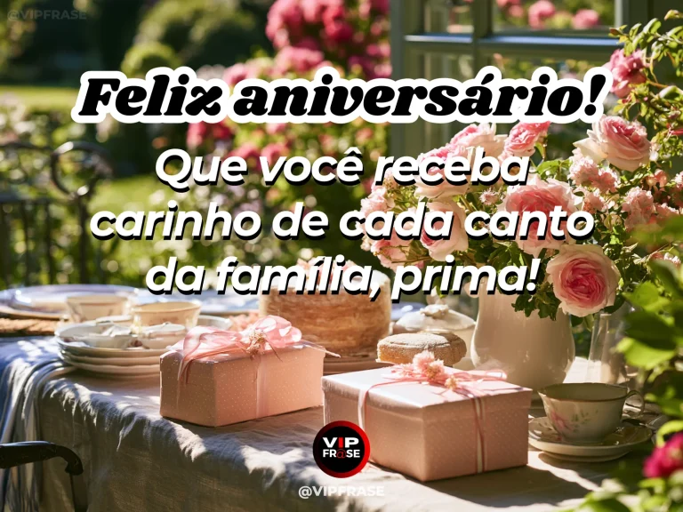 Mensagem de aniversário para prima sobre familia, em mesa de família com flores.