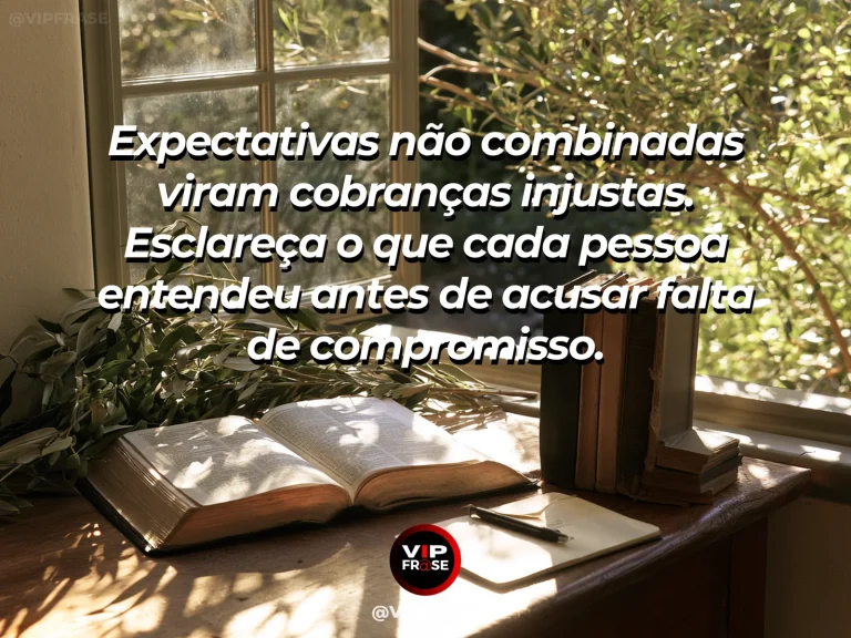 Frase de sabedoria sobre acordo de expectativas, com mesa de jardim com dois cadernos fechados lado a lado.