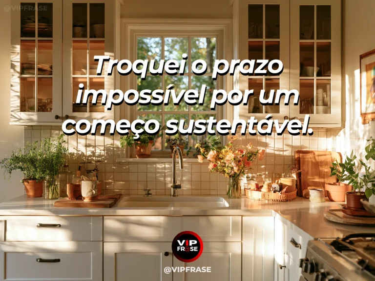 Mensagem sobre recomeço e substituir metas inviáveis por um começo possível, com relógio simples ao lado de muda verde em mesa iluminada.