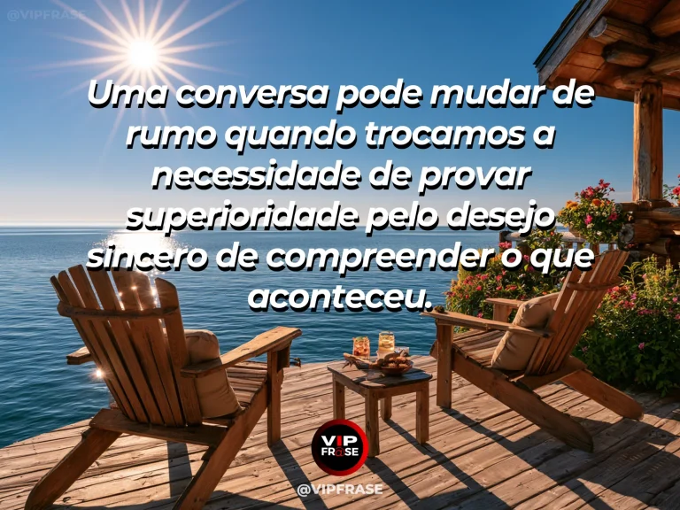 Arte com frase de paz sobre compreensão em vez de superioridade, em cenário de duas cadeiras em terraço florido diante de um lago.