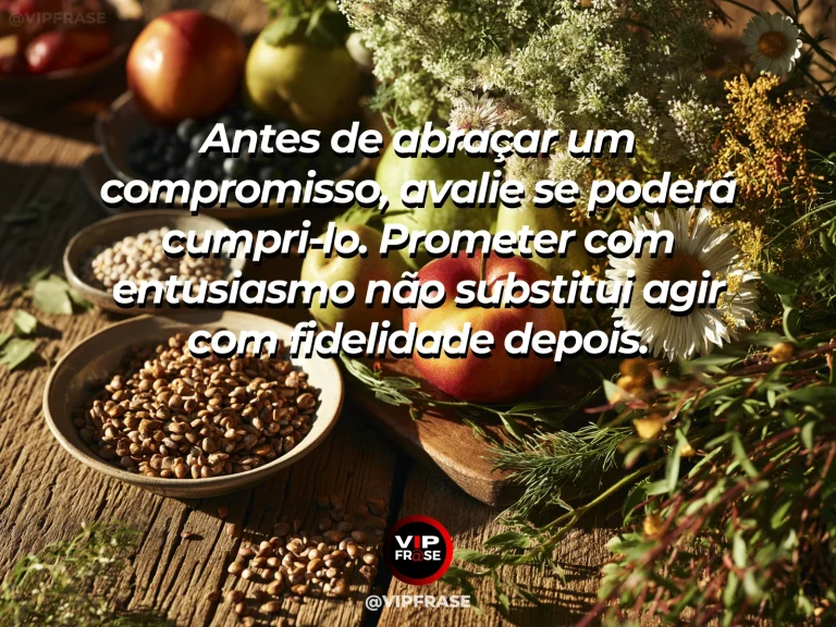 Mensagem de sabedoria sobre responsabilidade por compromissos, com jovem árvore apoiada em estaca num pomar florido.