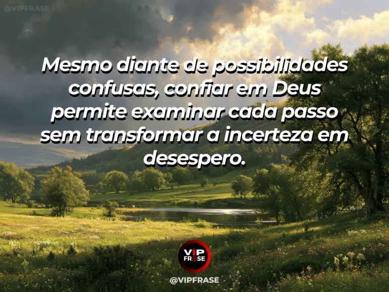 Arte com frase de paz sobre confiança em deus diante da incerteza, em cenário de vale verde com rio e nuvens se abrindo ao sol.