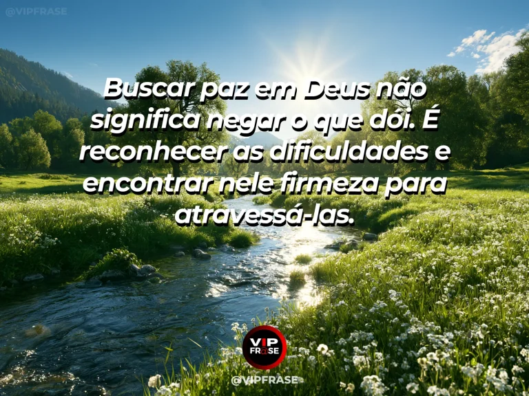 Arte com frase de paz sobre confiança nas dificuldades, em cenário de natureza e luz suave.