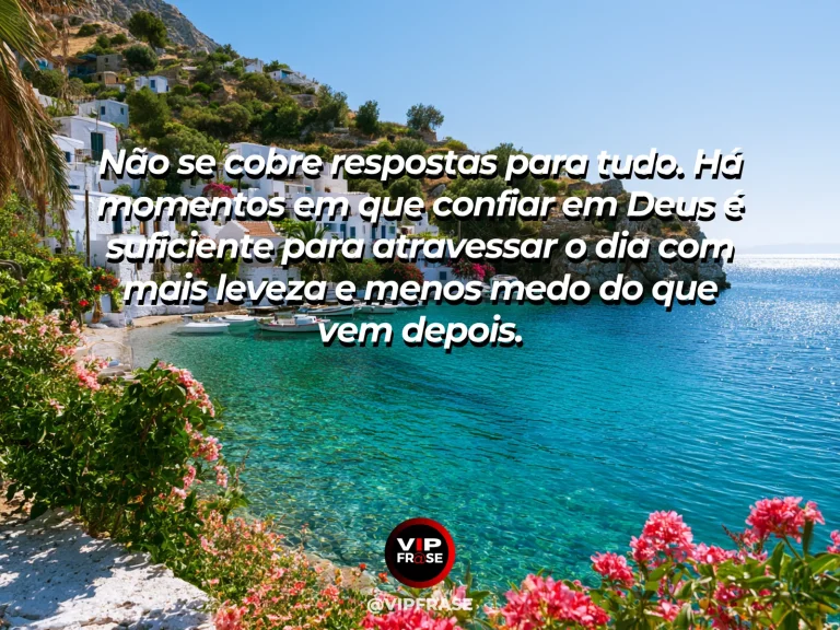 Mensagem sobre confiar em Deus sem todas as respostas, com praia e horizonte aberto.