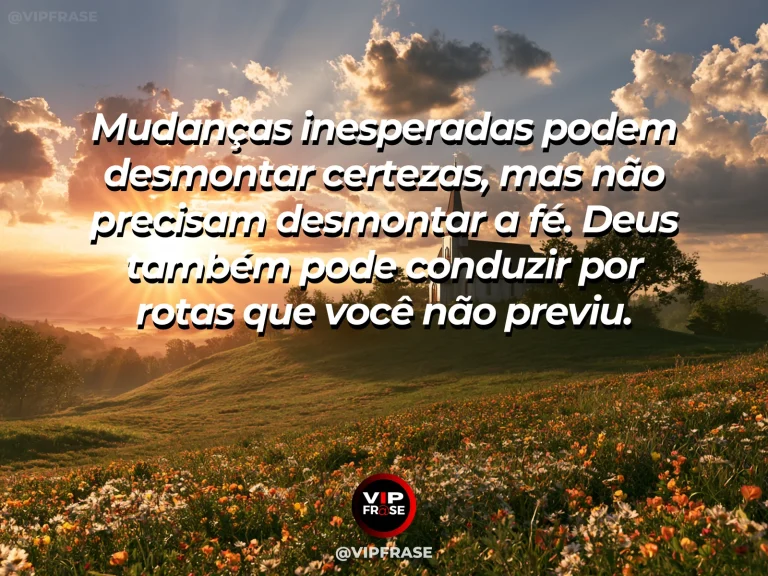 Frase de fé com estrada de montanha sinuosa desviando de obstáculo natural e seguindo para vale iluminado.