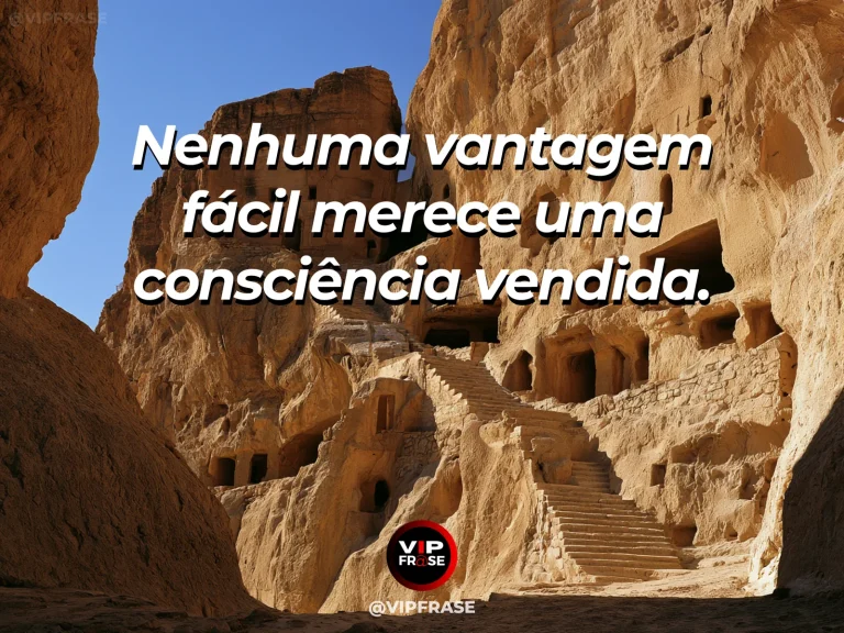Mensagem de força sobre consciência acima da vantagem, com fortaleza de arenito apoiada em maciço rochoso.