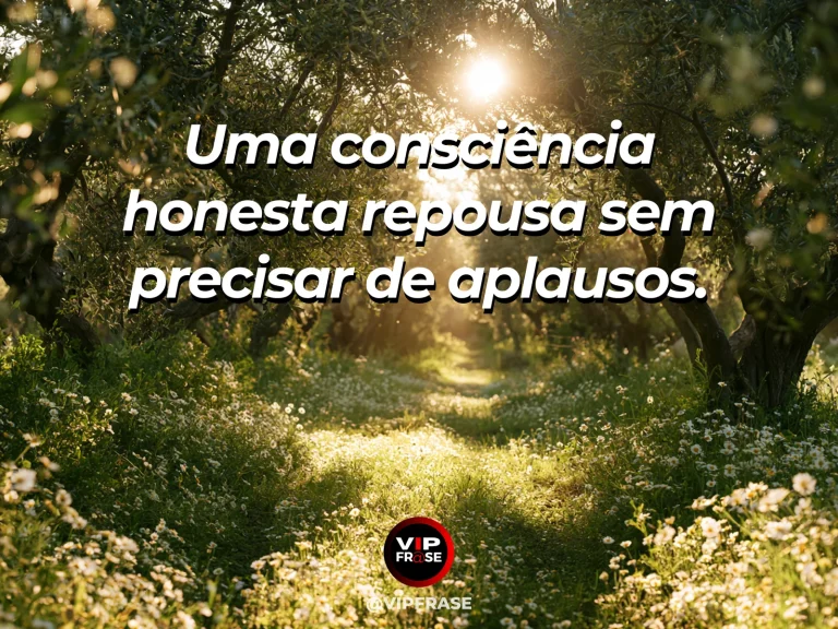 Arte com frase de paz sobre consciência tranquila sem aprovação alheia, em cenário de pequeno bosque de oliveiras sob luz matinal filtrada.