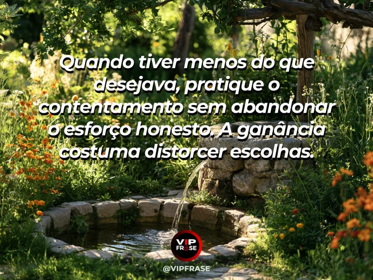 Mensagem de sabedoria sobre contentamento e trabalho, com cesto simples de colheita entre lavandas e pomar.