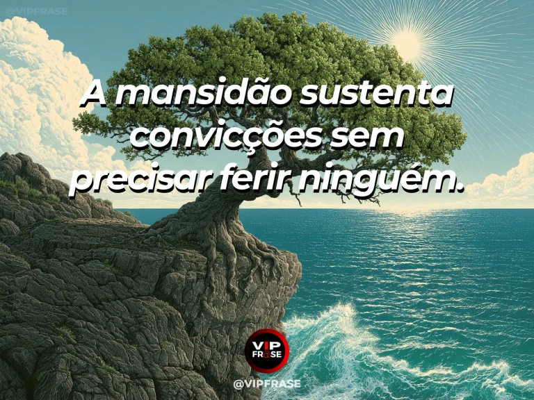 Mensagem de força sobre convicção e mansidão, com leoa tranquila protegendo filhotes em campo ensolarado.