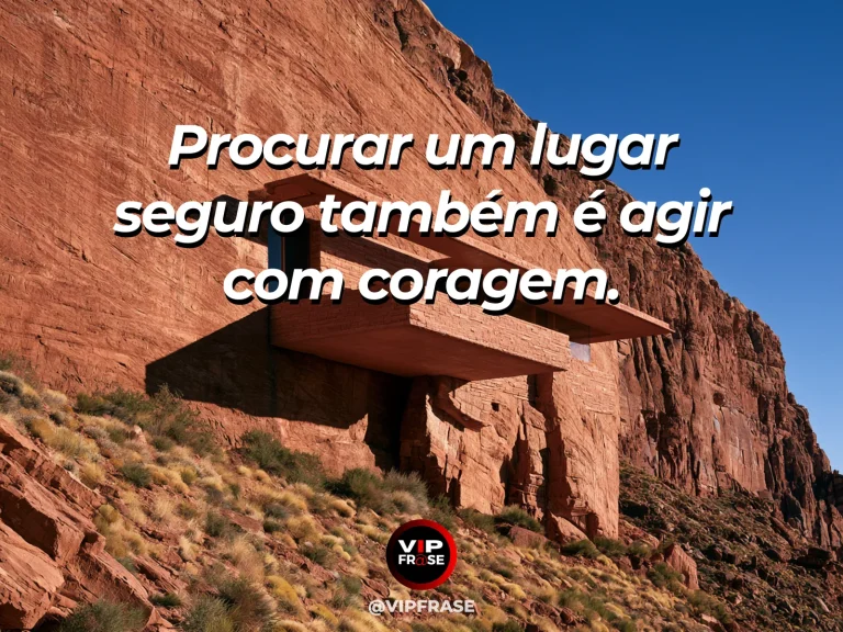 Mensagem sobre coragem para buscar proteção, com refúgio de pedra acolhedor em montanha nevada.