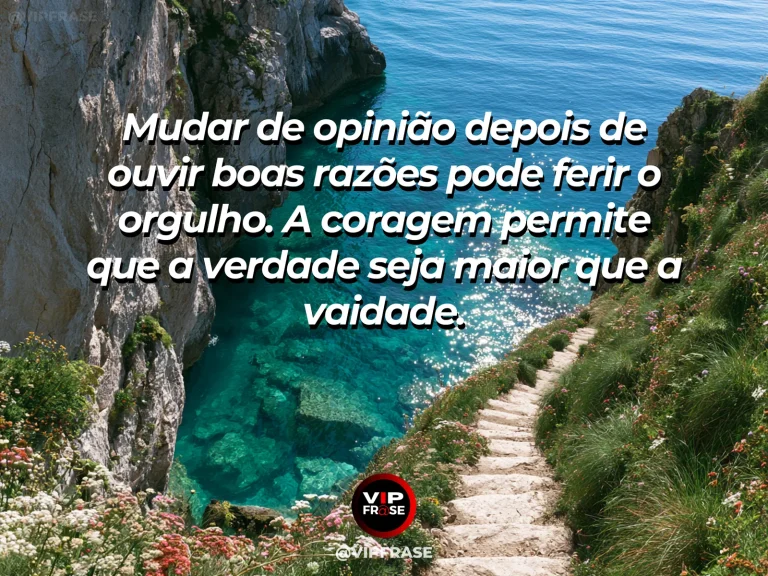 Arte com frase de coragem sobre a humildade de mudar de opinião, em cenário de gracefully changing direction among sunlit blooming alpine meadows.