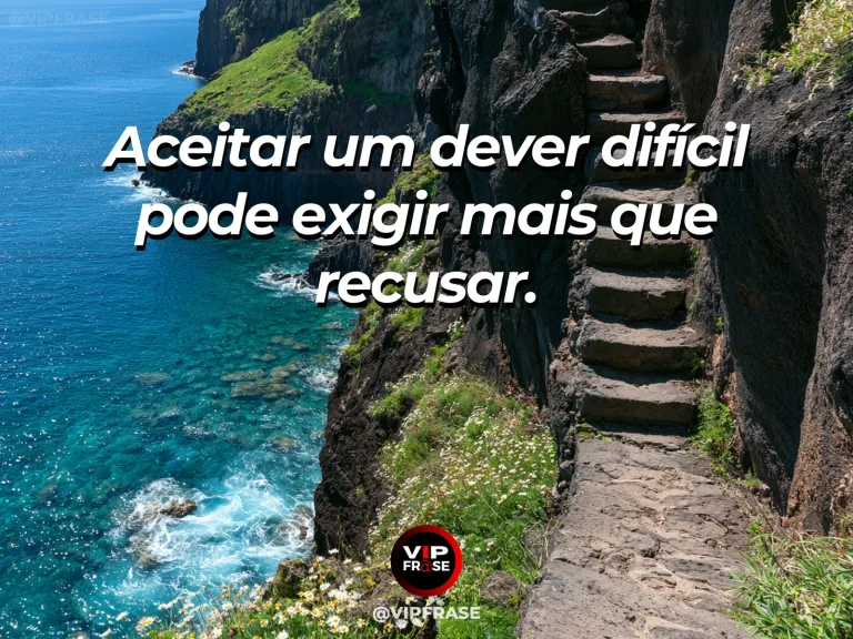 Mensagem sobre coragem para aceitar deveres, com porta de madeira aberta para um novo caminho de montanha.