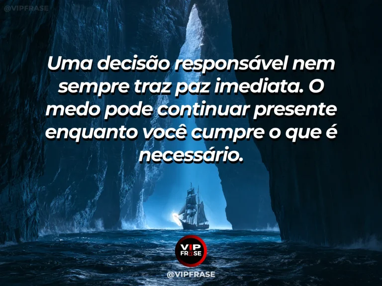 Frase sobre coragem e agir sem tranquilidade imediata, com cena de a resilient sailing ship crossing a turbulent fjord toward early sunlight.