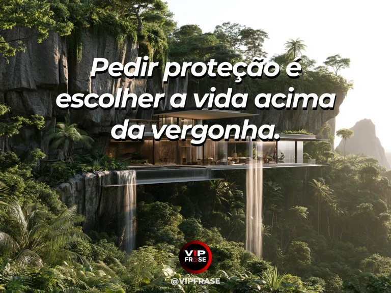 Arte com frase de coragem sobre buscar proteção sem vergonha, em cenário de mountain cabin illuminated at dusk beside a safe winding trail.