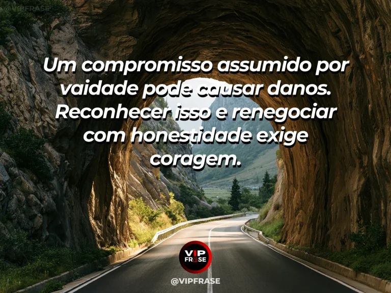 Arte com frase de coragem sobre corrigir um compromisso assumido por vaidade, em cenário de road turning safely away from a dangerous precipice toward a green valley.