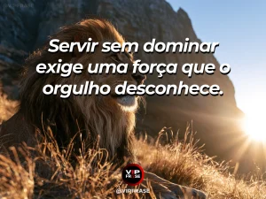 Mensagem de força sobre coragem de servir, com leão majestoso em colina florida e iluminada.