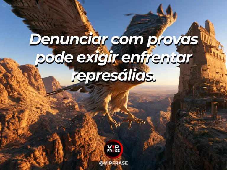 Mensagem sobre coragem para denunciar com provas, com águia sobre torre de vigia numa encosta remota.