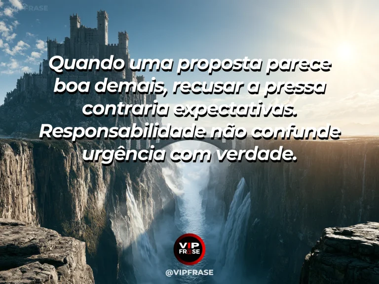Mensagem de coragem sobre avaliar propostas tentadoras sem precipitação, com ponte de pedra passa sobre águas agitadas em vila antiga.
