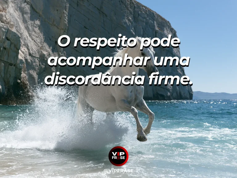 Frase sobre coragem e discordância respeitosa, com cena de two wild horses facing each other peacefully across a clear stream beneath red cliffs.