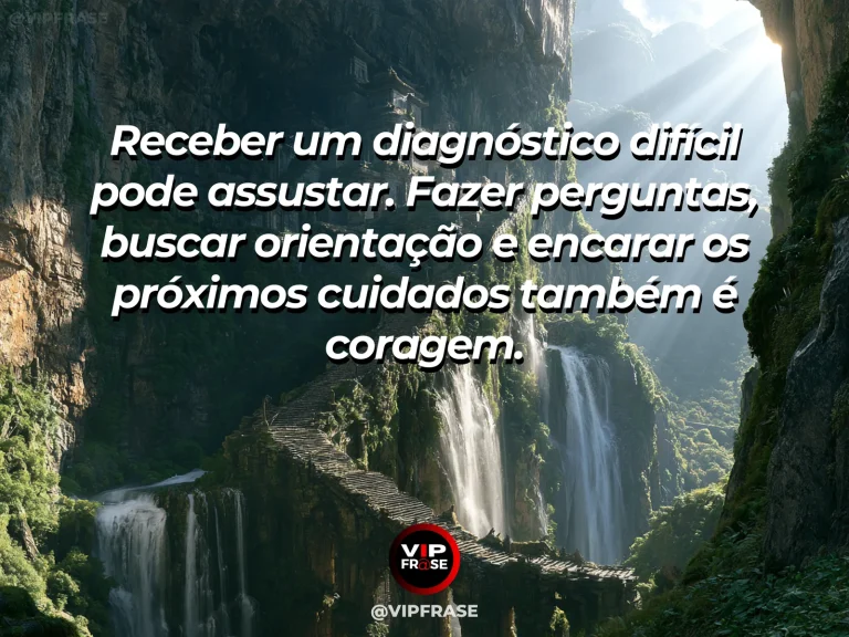 Frase sobre coragem e encarar informações difíceis, com cena de a safe inviting wooden bridge leads toward a beautiful alpine sanctuary among mountains.