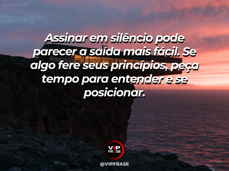 Mensagem sobre coragem para questionar acordos, com mesa com contrato sem inscrições, luz e mar ao fundo.