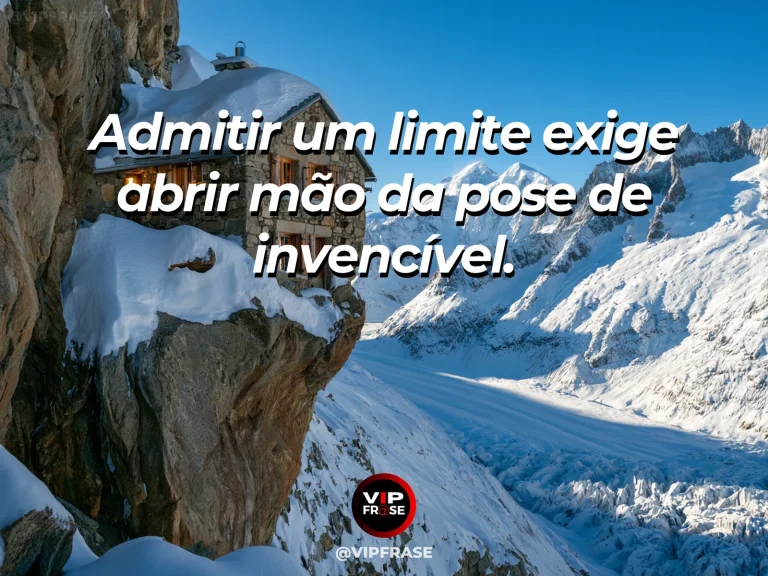 Arte com frase de coragem sobre limites sem aparência de invencível, em cenário de resting at a safe stone refuge under snowy summits.