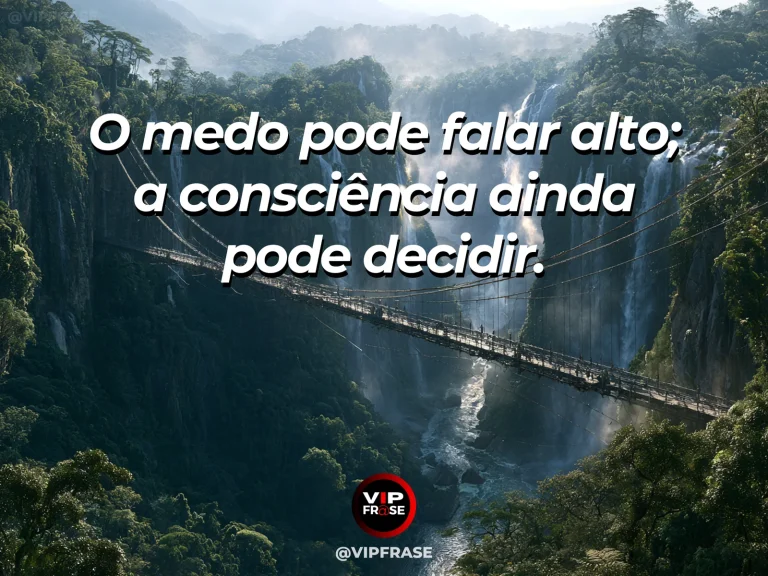 Mensagem de coragem sobre decidir apesar do medo, com ponte suspensa sobre um cânion ao amanhecer.