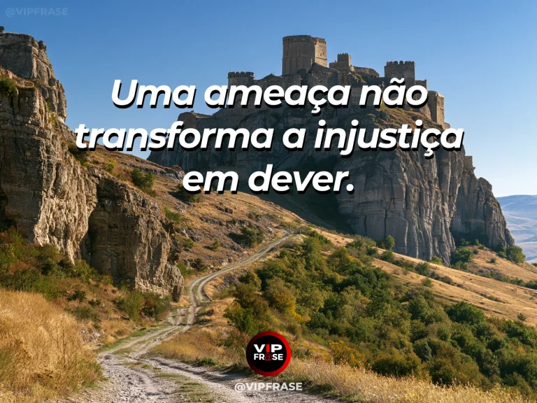 Mensagem de coragem sobre resistir a ameaças sem colaborar com a injustiça, com fortaleza de pedra resiste à tempestade sobre um desfiladeiro.
