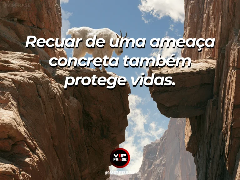 Frase sobre coragem e proteção acima do orgulho, com cena de mountain goat selecting a secure ledge beside a daunting snowy gorge.
