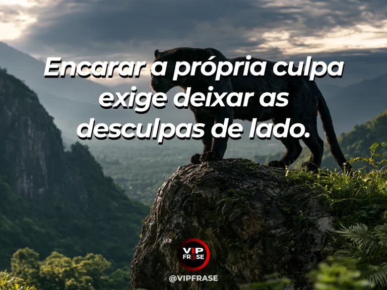 Arte com frase de coragem sobre reconhecer a própria culpa, em cenário de standing beside its clear reflection in a still mountain lake.