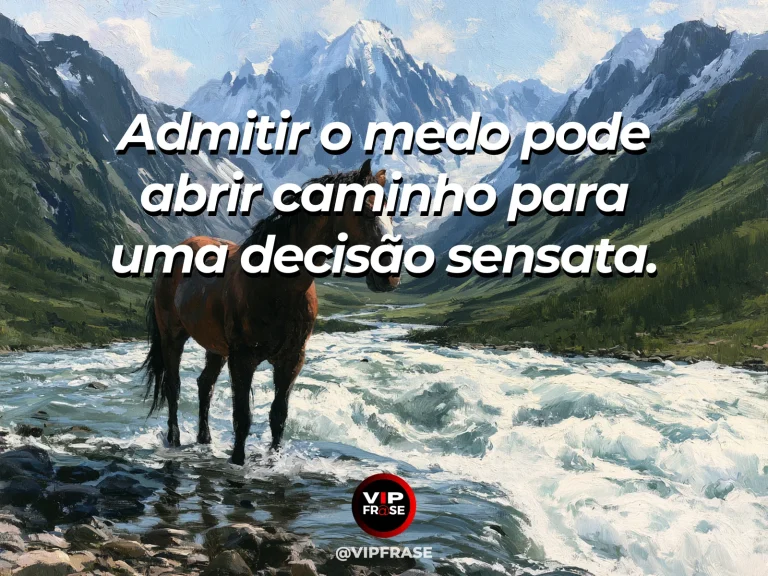 Frase sobre coragem e reconhecer o próprio medo, com cena de a black horse pauses before a vast snowy mountain pass at dawn.