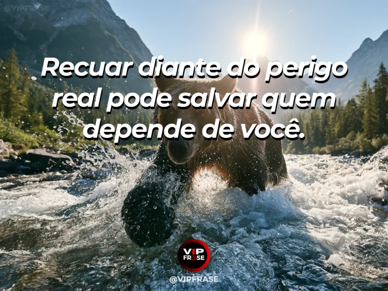 Mensagem sobre coragem para recuar para proteger, com urso observa travessia segura de rio nas montanhas.