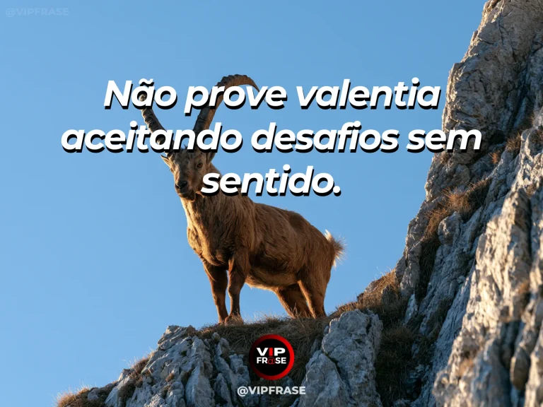 Mensagem sobre coragem para evitar riscos inúteis, com cabra montesa escolhe passagem estável sob pico nevado.