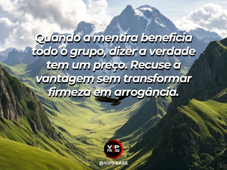 Mensagem sobre coragem para recusar mentiras coletivas, com montanha e caminho iluminado oferecem passagem gradual.