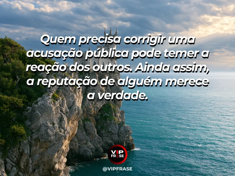 Arte com frase de coragem sobre restaurar a verdade publicamente, em cenário de storm clouds over an ancient stone courthouse perched on a cliff.