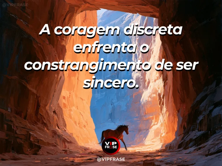 Arte com frase de coragem sobre sinceridade apesar do constrangimento, em cenário de horse stepping into a sunlit alpine clearing from shadowed forest.