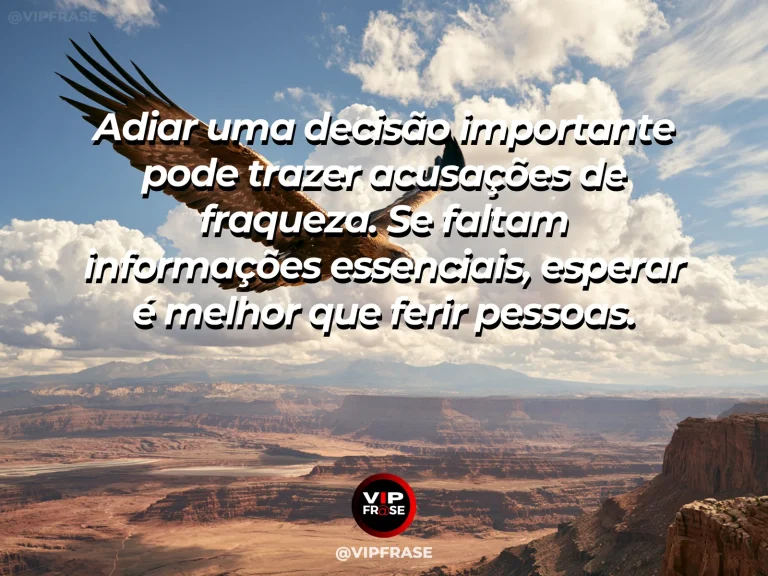Mensagem sobre coragem para adiar decisão por prudência, com águia aguarda em rocha firme antes de atravessar vale.