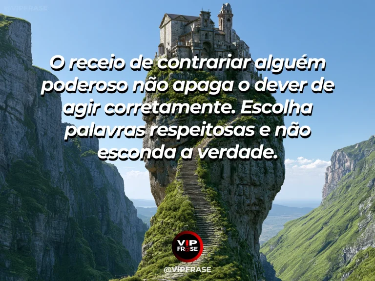 Frase sobre coragem e verdade diante de alguém poderoso, com cena de a courageous small mountain tree standing before a monumental rock fortress at sunrise.