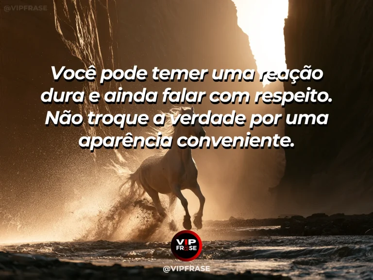 Mensagem de coragem sobre falar a verdade respeitosamente diante de reações difíceis, com cavalo sereno diante de um céu dramático sem avançar agressivamente.