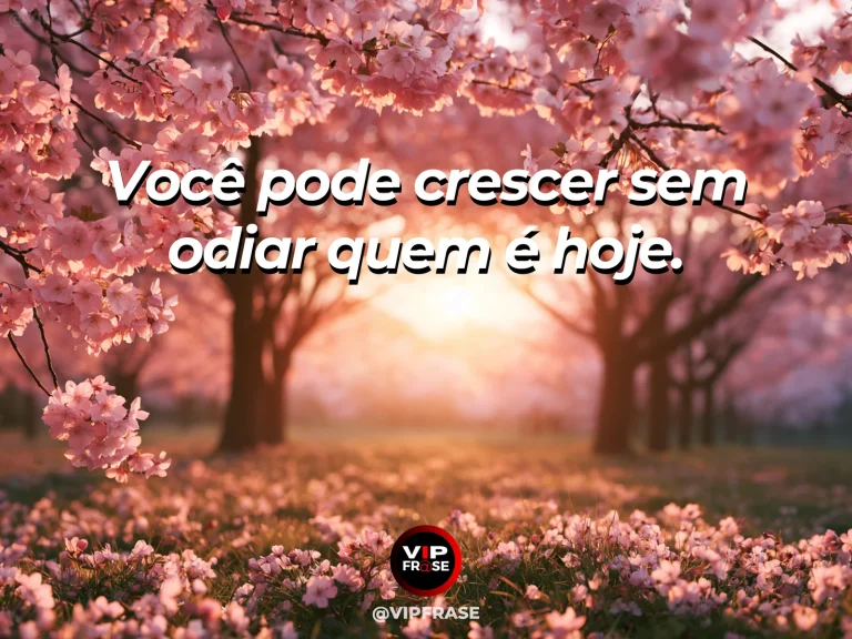 Frase de autoestima sobre growth without self-rejection, com young tree growing beside an old stone wall in golden light