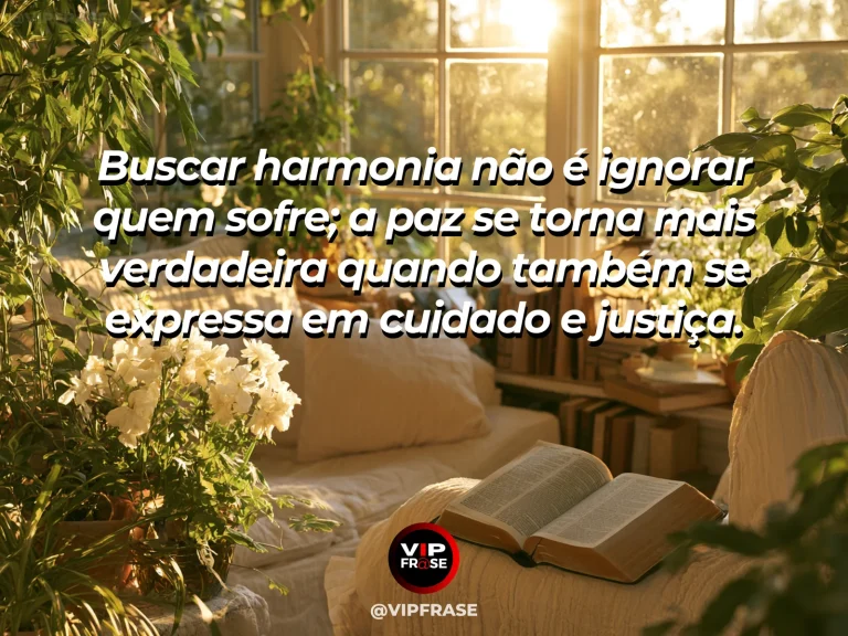 Arte com frase de paz sobre cuidado e justiça na construção da paz, em cenário de jardim comunitário colorido com bancos e caminho acolhedor.