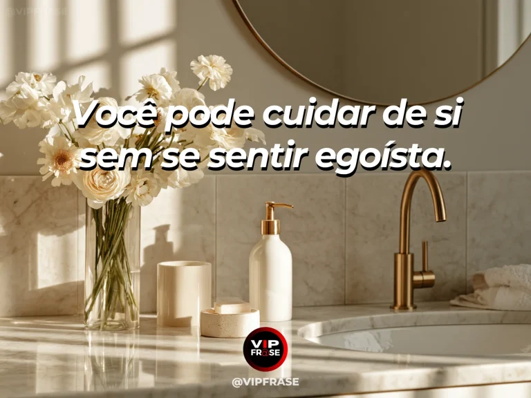 Frase de autoestima sobre self-care without guilt, com restful bed beside flowers and warm morning light