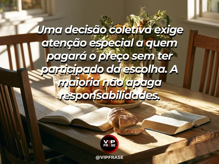 Frase de sabedoria sobre justiça em decisões coletivas, com mesa redonda sob árvore grande com cadeiras variadas.