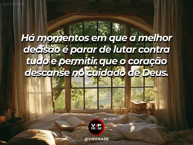 Mensagem sobre descansar no cuidado de Deus com quarto claro e natureza.