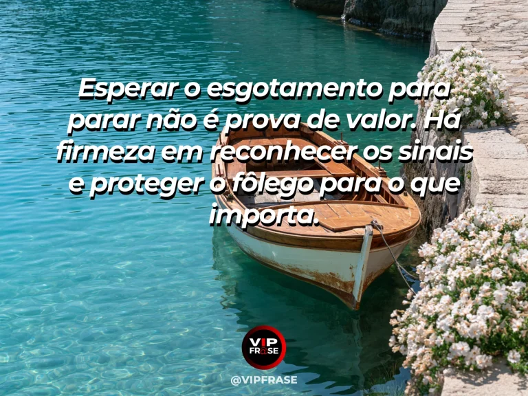 Frase de força sobre descanso antes da ruptura, ilustrada por uma área tranquila com banco de madeira frente a lago e montanhas.