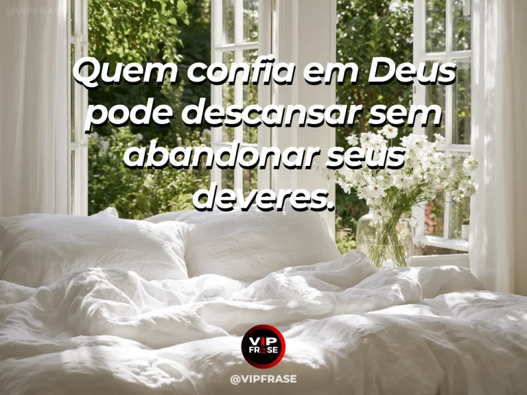 Arte com frase de paz sobre descanso em deus com responsabilidade, em cenário de quarto luminoso com janela aberta para jardim vivo.