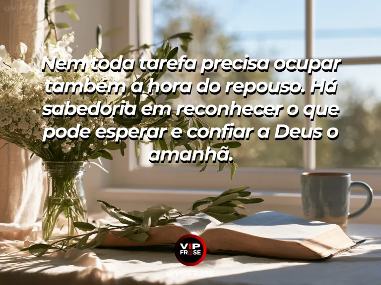 Arte com frase de paz sobre descanso e responsabilidades, em cenário de jardim florido.