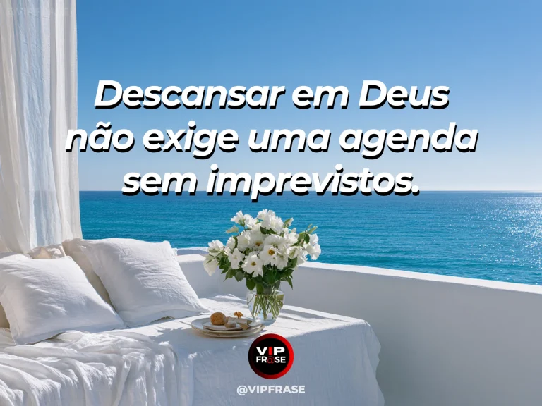 Arte com frase de paz sobre descanso em deus diante dos imprevistos, em cenário de quarto com lençóis leves e janela para bosque ensolarado.