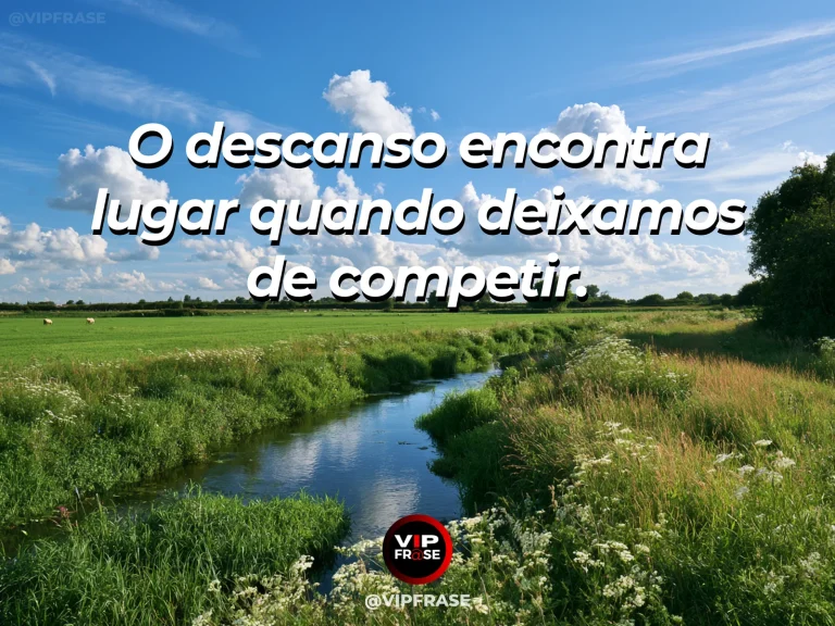 Arte com frase de paz sobre descanso sem a necessidade de competir, em cenário de campo florido com riacho sinuoso sob o sol da manhã.